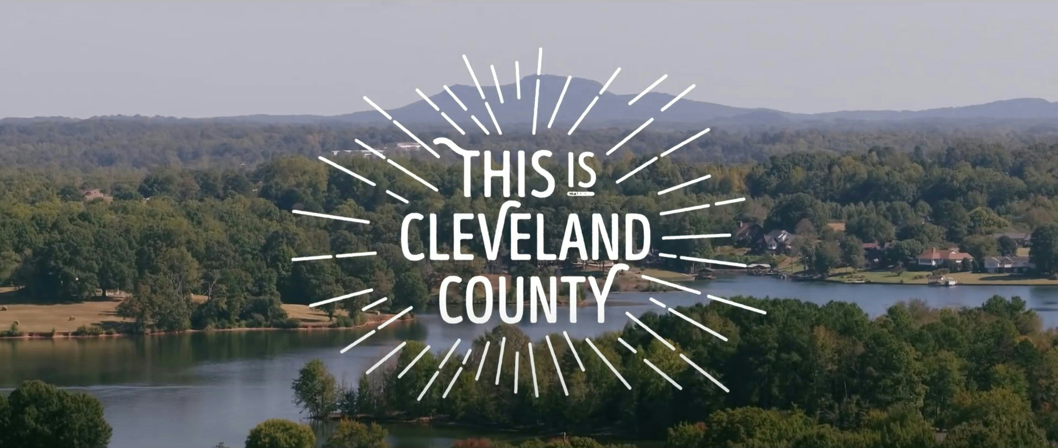 Aerial view of a small town in North Carolina, with illustrative text saying "This is Cleveland County."