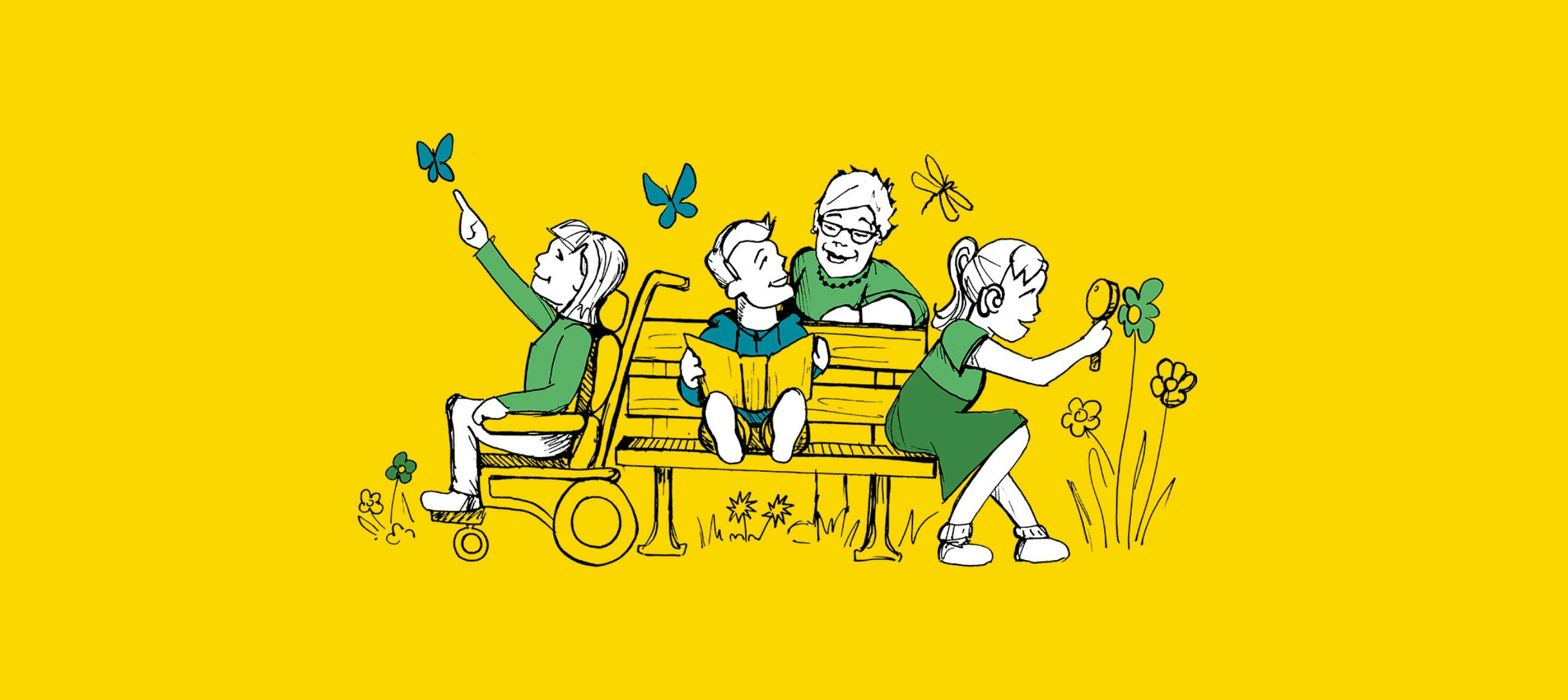 An illustration of children and a woman on a bench.