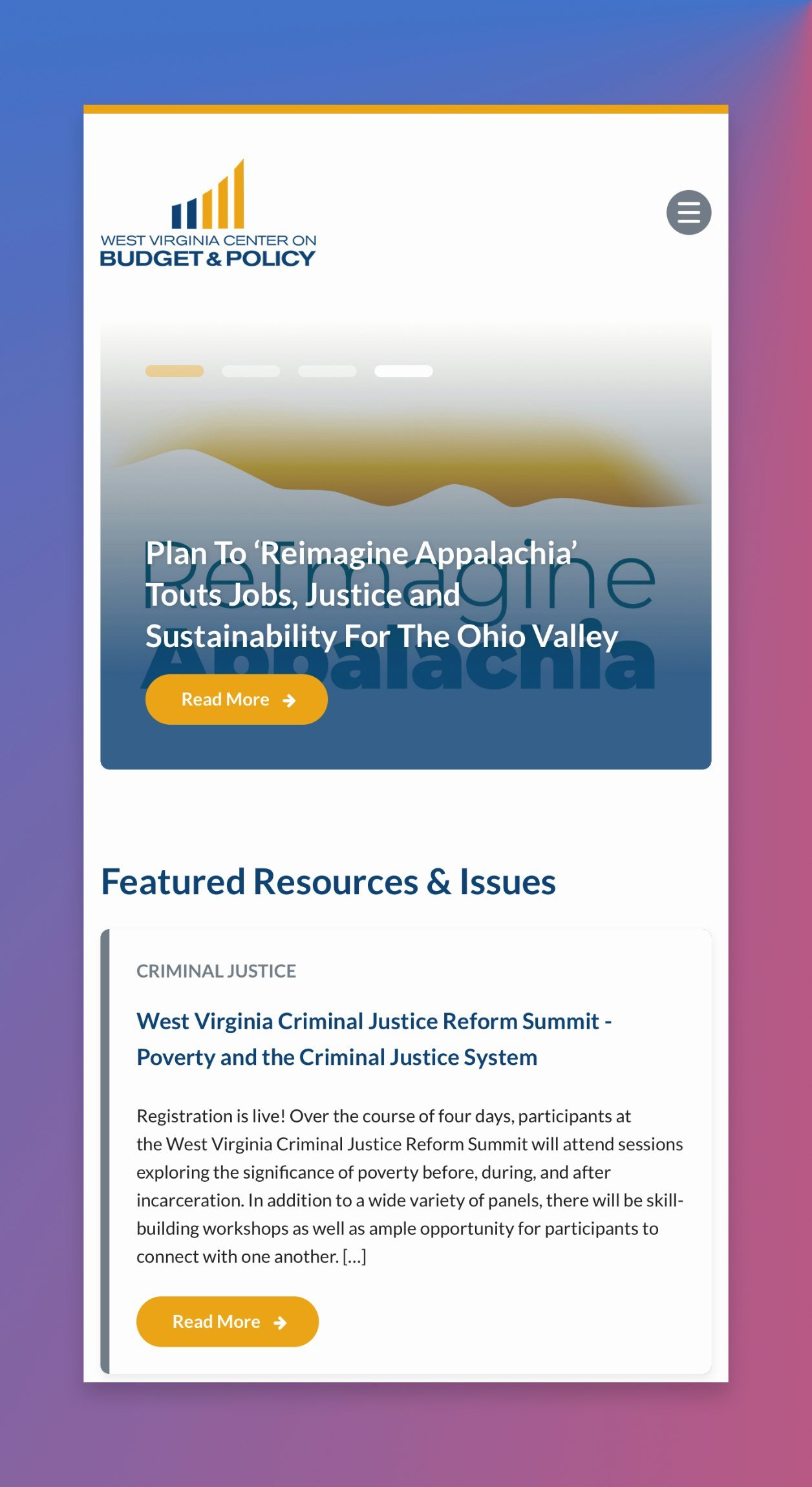 WV Policy's new homepage on a mobile device.